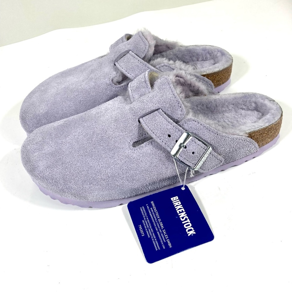 Birkenstock Boston Shearling Suede Clogs Purple Fog - Picture 4 of 17